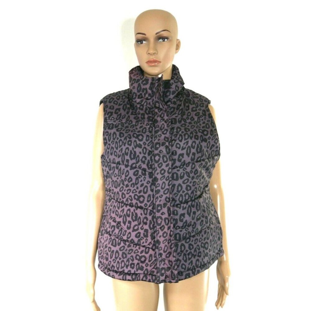 Black Lipstick Purple Black Leopard Print Puffer Vest Womens Size XLarge